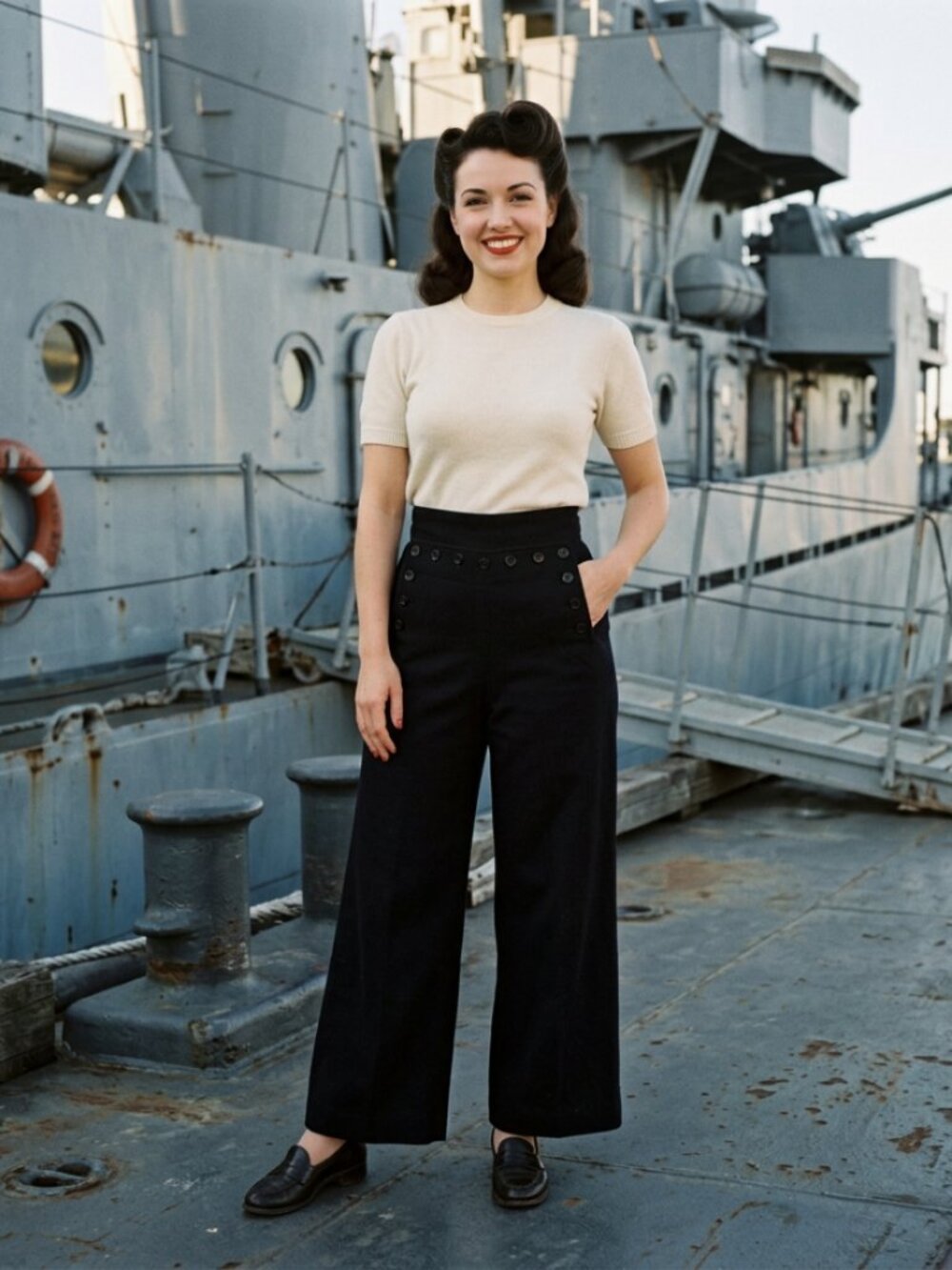 Vtg 1940s WWII Crackerjack naval lace up wide leg black wool sailor pants
